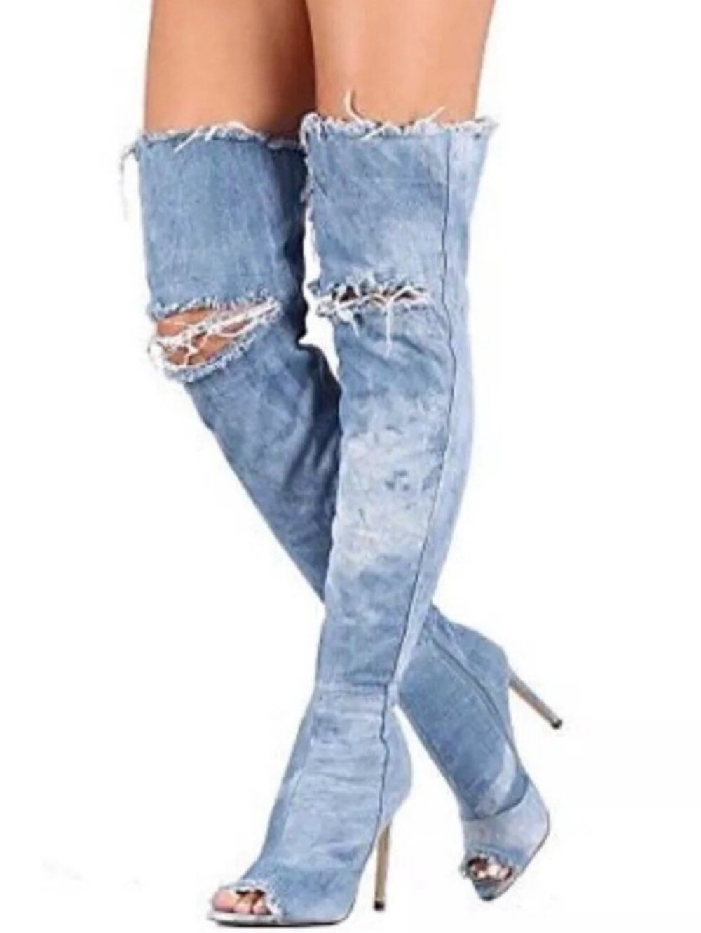 LILIANA Light Blue Denim Thigh-High Open Toe Stiletto Boots